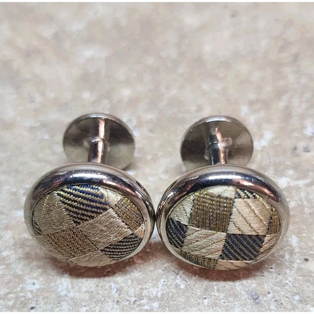 Vintage Cufflinks Round Brown Blue Silver Plaid Fabric Silver Tone